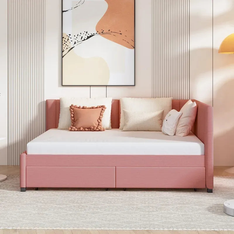 Full Size Upholstered Daybed with 2 Storage Drawers Sofa Bed Frame No Box Spring Needed, Linen Fabric, Beige