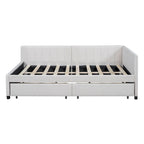 Lit de repos rembourré pleine grandeur avec 2 tiroirs de rangement, cadre de lit de jour, aucun sommier tapissier requis, tissu de lin, beige