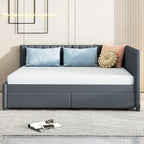 Lit de repos rembourré pleine grandeur avec 2 tiroirs de rangement, cadre de lit de jour, aucun sommier tapissier requis, tissu de lin, beige