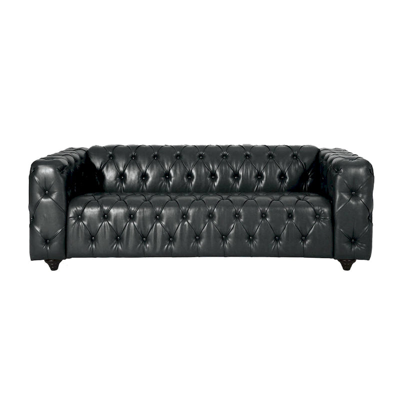 Canapé Chesterfield capitonné en similicuir noir, bois, 84 pouces