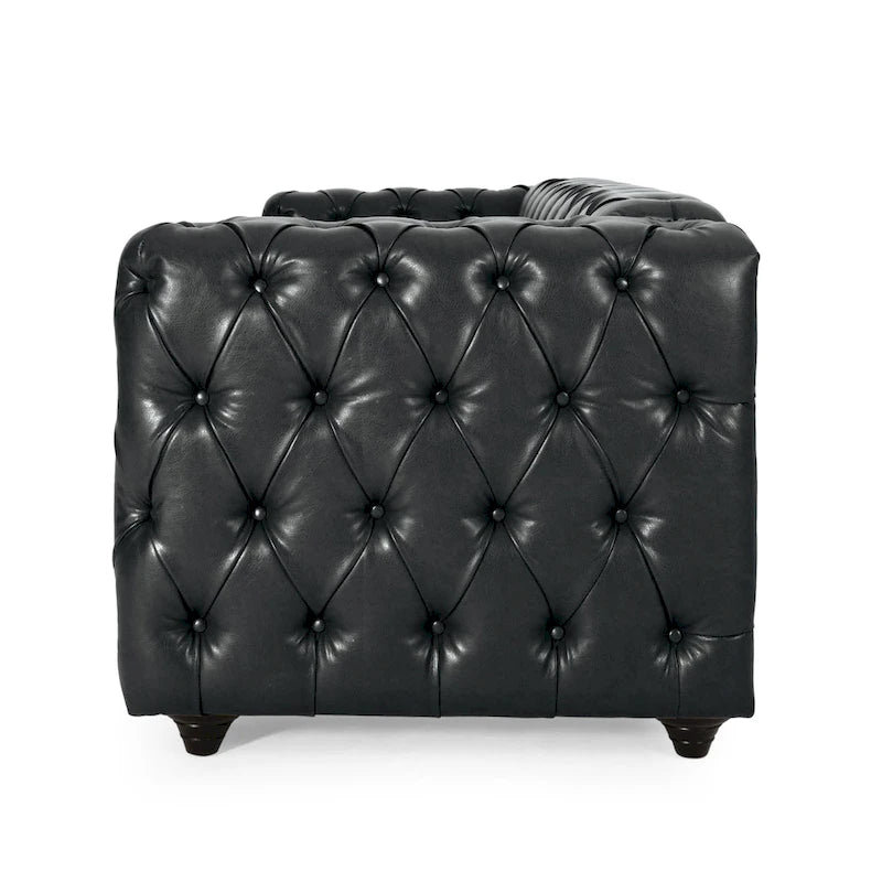 Canapé Chesterfield capitonné en similicuir noir, bois, 84 pouces