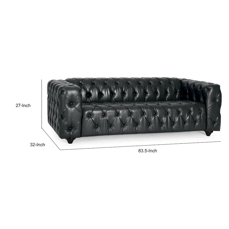 Canapé Chesterfield capitonné en similicuir noir, bois, 84 pouces
