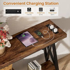 70.9 Table console extra longue Table de canapé avec station de recharge et étagère de rangement, Table d'entrée de couloir industrielle