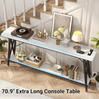 70.9 Table console extra longue Table de canapé avec station de recharge et étagère de rangement, Table d'entrée de couloir industrielle