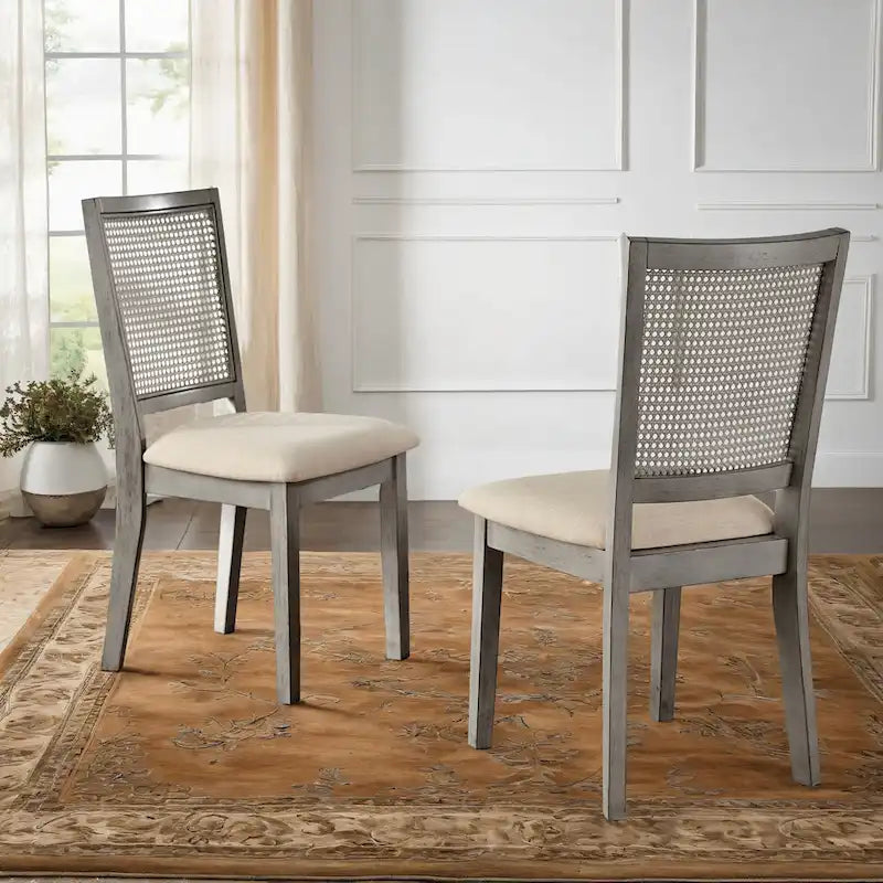 Chaises de salle à manger en lin beige et dossier en rotin