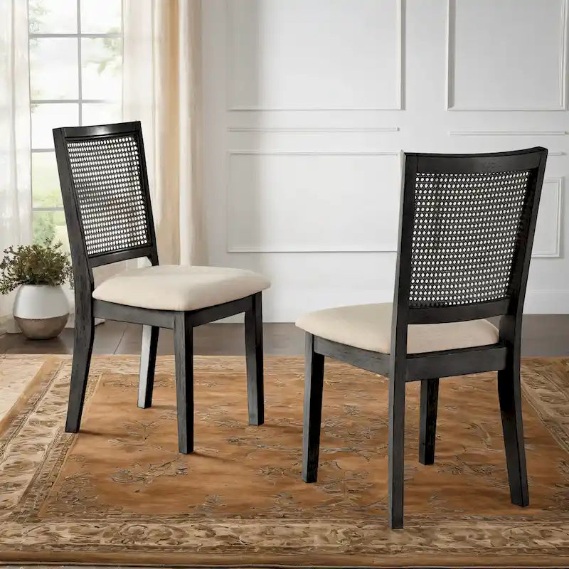 Chaises de salle à manger en lin beige et dossier en rotin