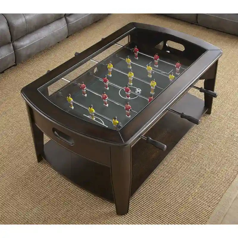 Table basse de baby-foot en bois de noyer foncé et verre