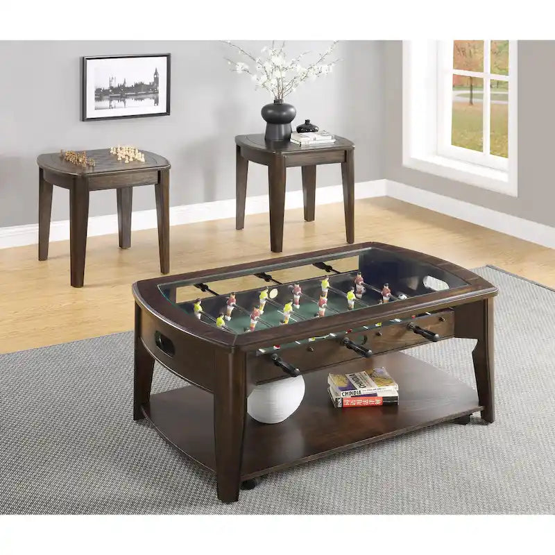 Table basse de baby-foot en bois de noyer foncé et verre
