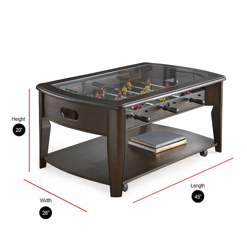 Table basse de baby-foot en bois de noyer foncé et verre