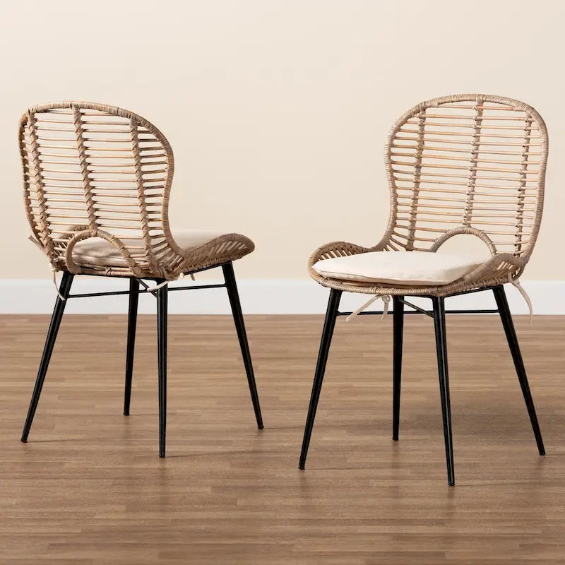 Lot de 2 chaises de salle à manger modernes en rotin et métal de style bohème