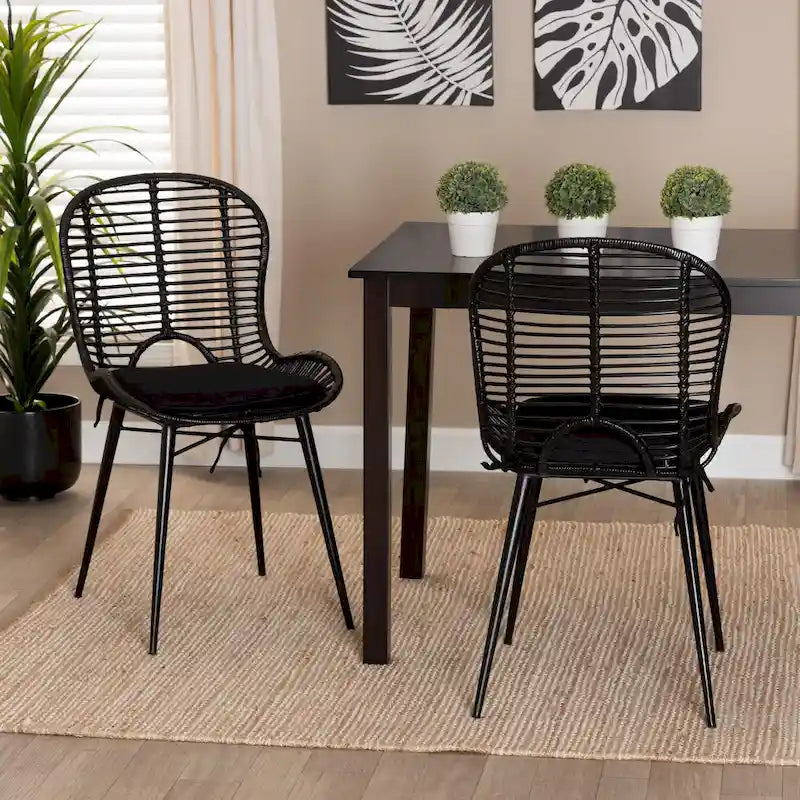 Lot de 2 chaises de salle à manger modernes en rotin et métal de style bohème