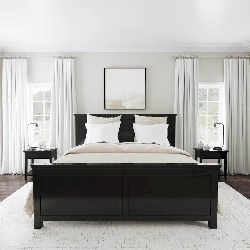 Black Wood King Bed and Two Nightstands