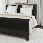 Lit King en bois noir et deux tables de chevet
