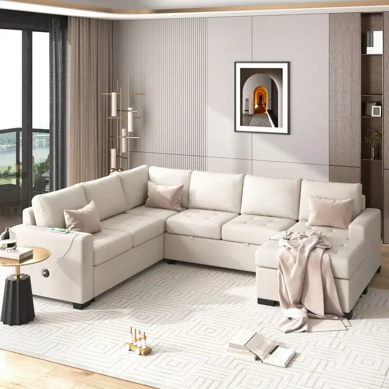 Canapé d'angle en L avec pouf, interfaces USB et Type-C