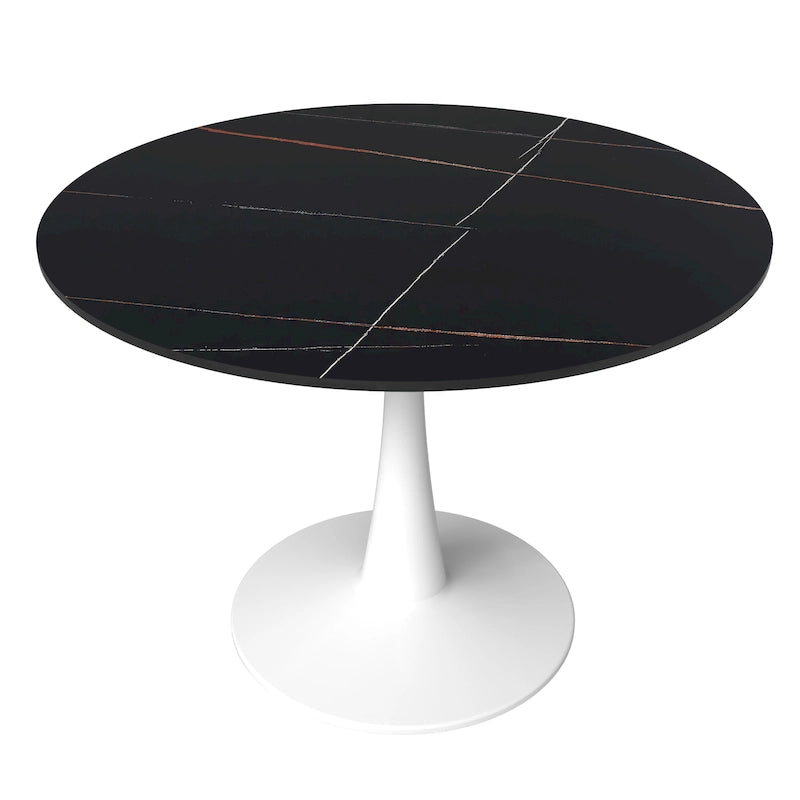 Table de salle à manger ronde de 40 pouces pour 4 personnes avec plateau en pierre frittée et piètement blanc pour cuisine et salle à manger.