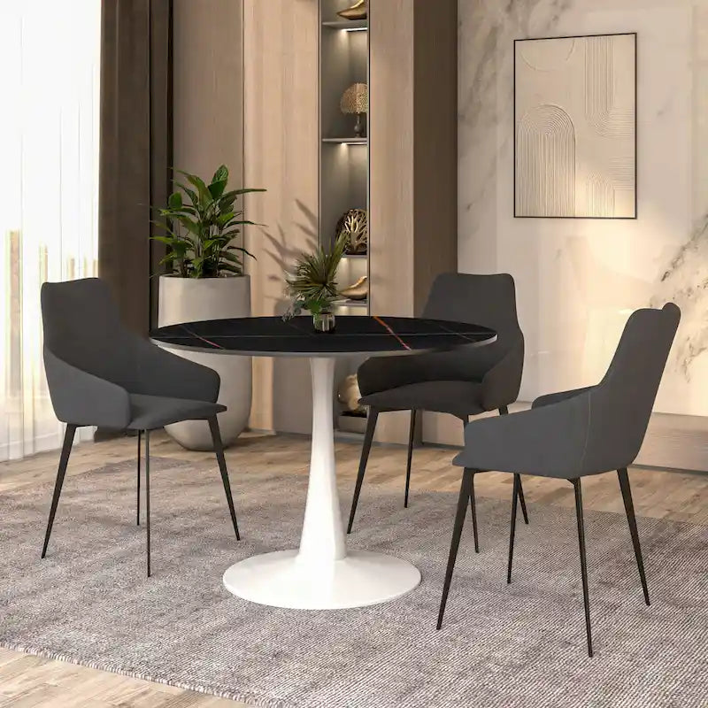Table de salle à manger ronde de 40 pouces pour 4 personnes avec plateau en pierre frittée et piètement blanc pour cuisine et salle à manger.