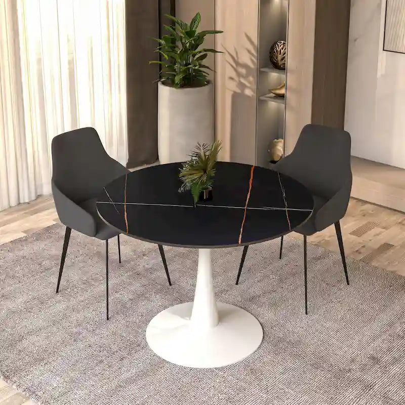 Table de salle à manger ronde de 40 pouces pour 4 personnes avec plateau en pierre frittée et piètement blanc pour cuisine et salle à manger.