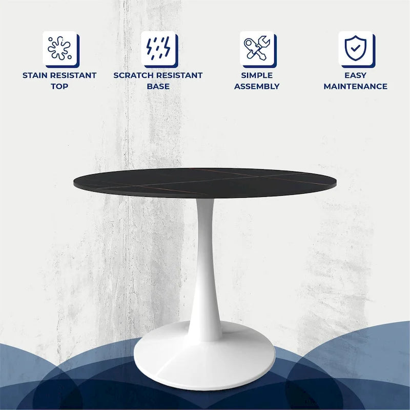 Table de salle à manger ronde de 40 pouces pour 4 personnes avec plateau en pierre frittée et piètement blanc pour cuisine et salle à manger.