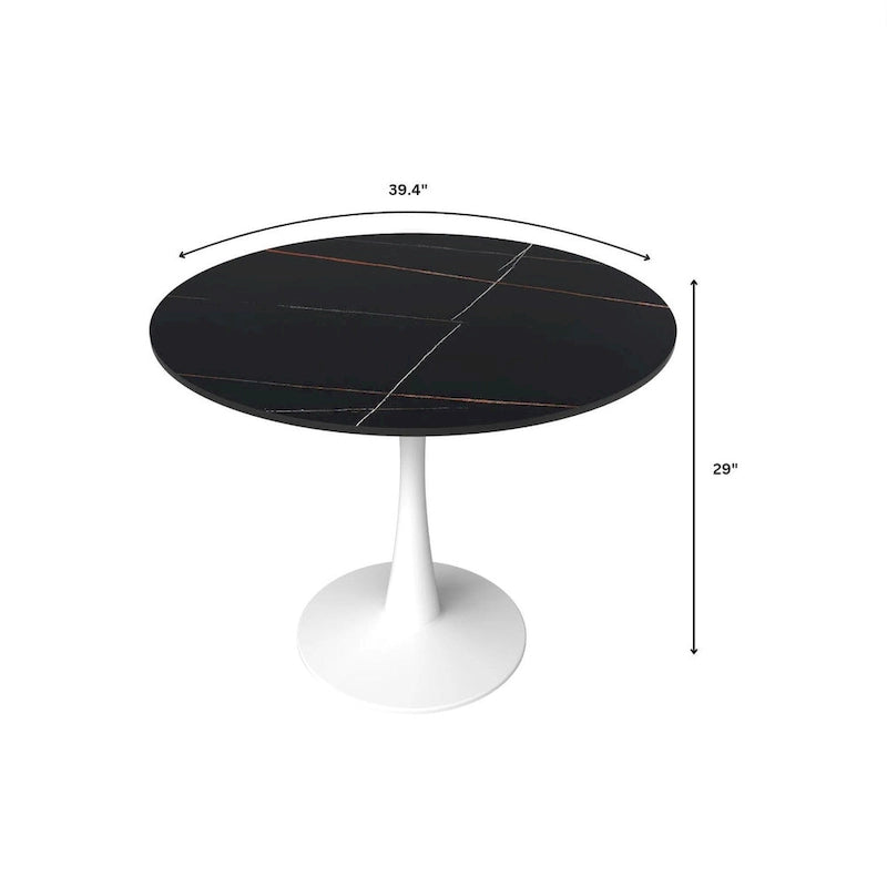 Table de salle à manger ronde de 40 pouces pour 4 personnes avec plateau en pierre frittée et piètement blanc pour cuisine et salle à manger.
