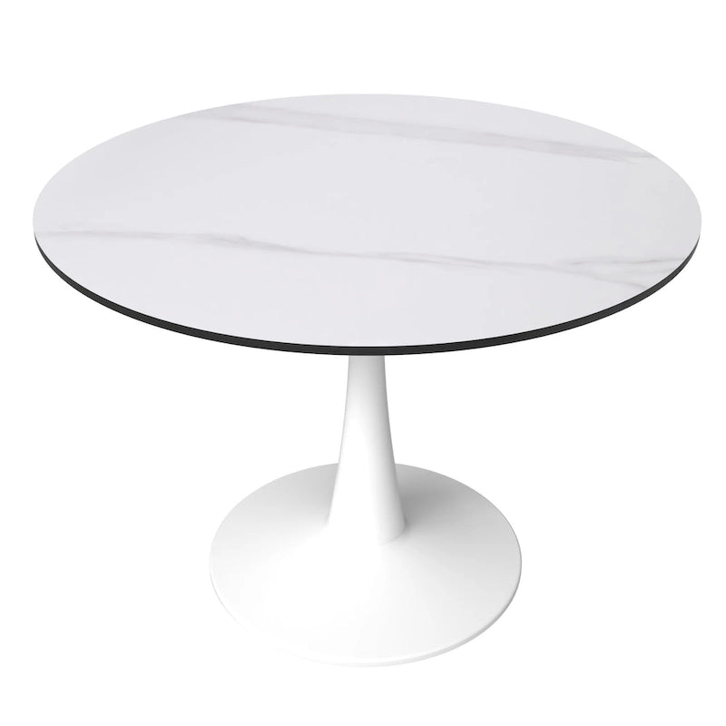 Table de salle à manger ronde de 40 pouces pour 4 personnes avec plateau en pierre frittée et piètement blanc pour cuisine et salle à manger.