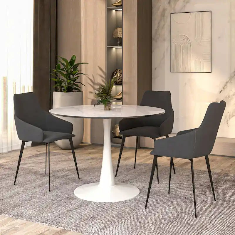 Table de salle à manger ronde de 40 pouces pour 4 personnes avec plateau en pierre frittée et piètement blanc pour cuisine et salle à manger.