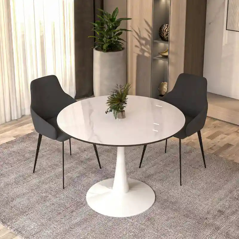 Table de salle à manger ronde de 40 pouces pour 4 personnes avec plateau en pierre frittée et piètement blanc pour cuisine et salle à manger.