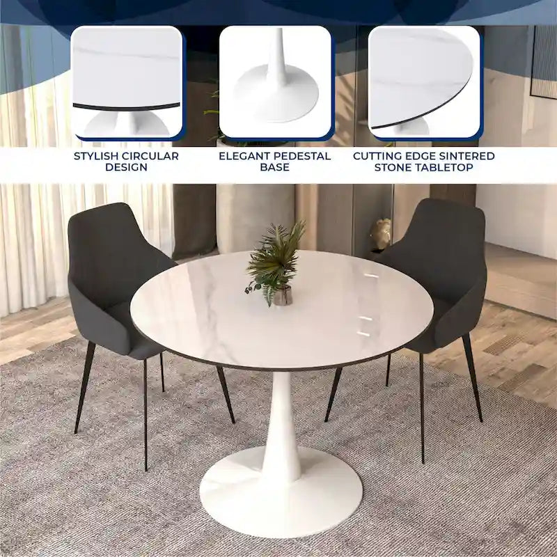 Table de salle à manger ronde de 40 pouces pour 4 personnes avec plateau en pierre frittée et piètement blanc pour cuisine et salle à manger.