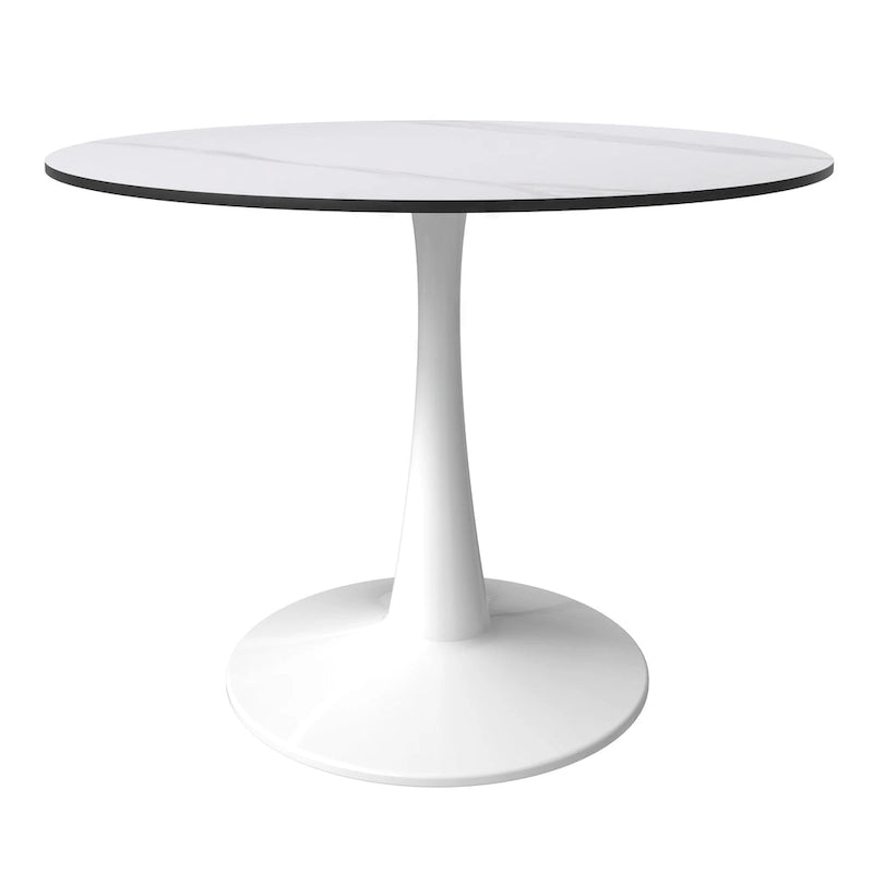 Table de salle à manger ronde de 40 pouces pour 4 personnes avec plateau en pierre frittée et piètement blanc pour cuisine et salle à manger.
