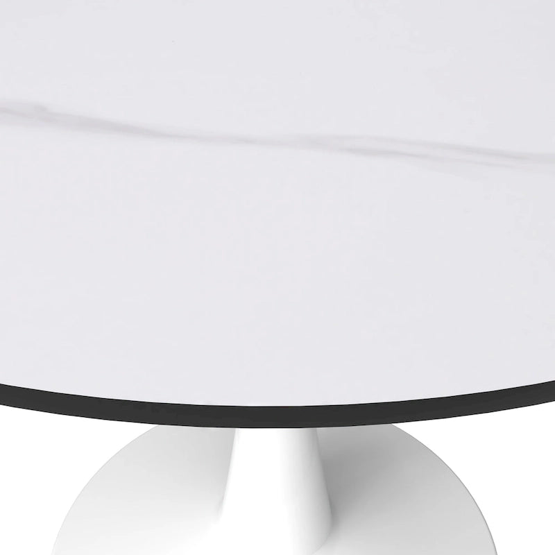 Table de salle à manger ronde de 40 pouces pour 4 personnes avec plateau en pierre frittée et piètement blanc pour cuisine et salle à manger.