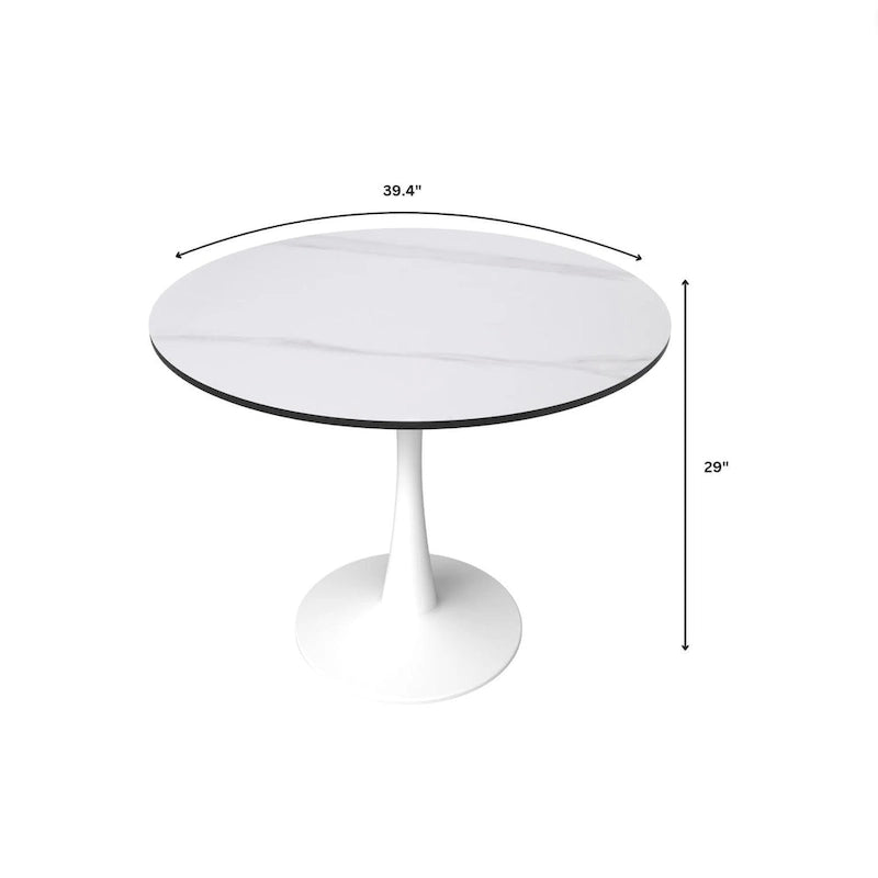 Table de salle à manger ronde de 40 pouces pour 4 personnes avec plateau en pierre frittée et piètement blanc pour cuisine et salle à manger.