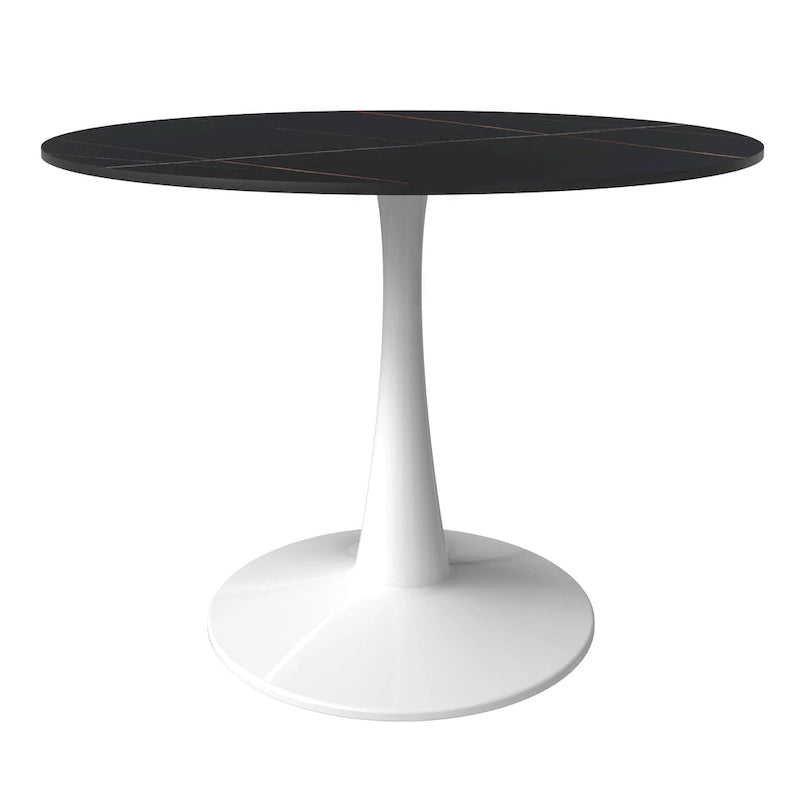 Table de salle à manger ronde de 40 pouces pour 4 personnes avec plateau en pierre frittée et piètement blanc pour cuisine et salle à manger.