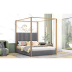 Lit plateforme à baldaquin Queen Size rembourré avec tête de lit et cadre en métal