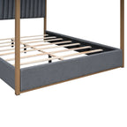 Lit plateforme à baldaquin Queen Size rembourré avec tête de lit et cadre en métal